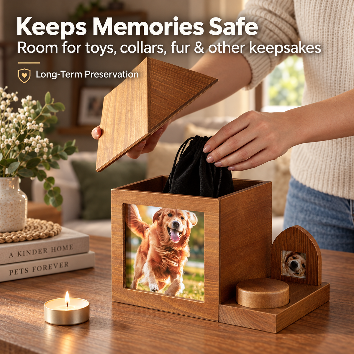 Open solid wood pet memorial box with keepsake pouch