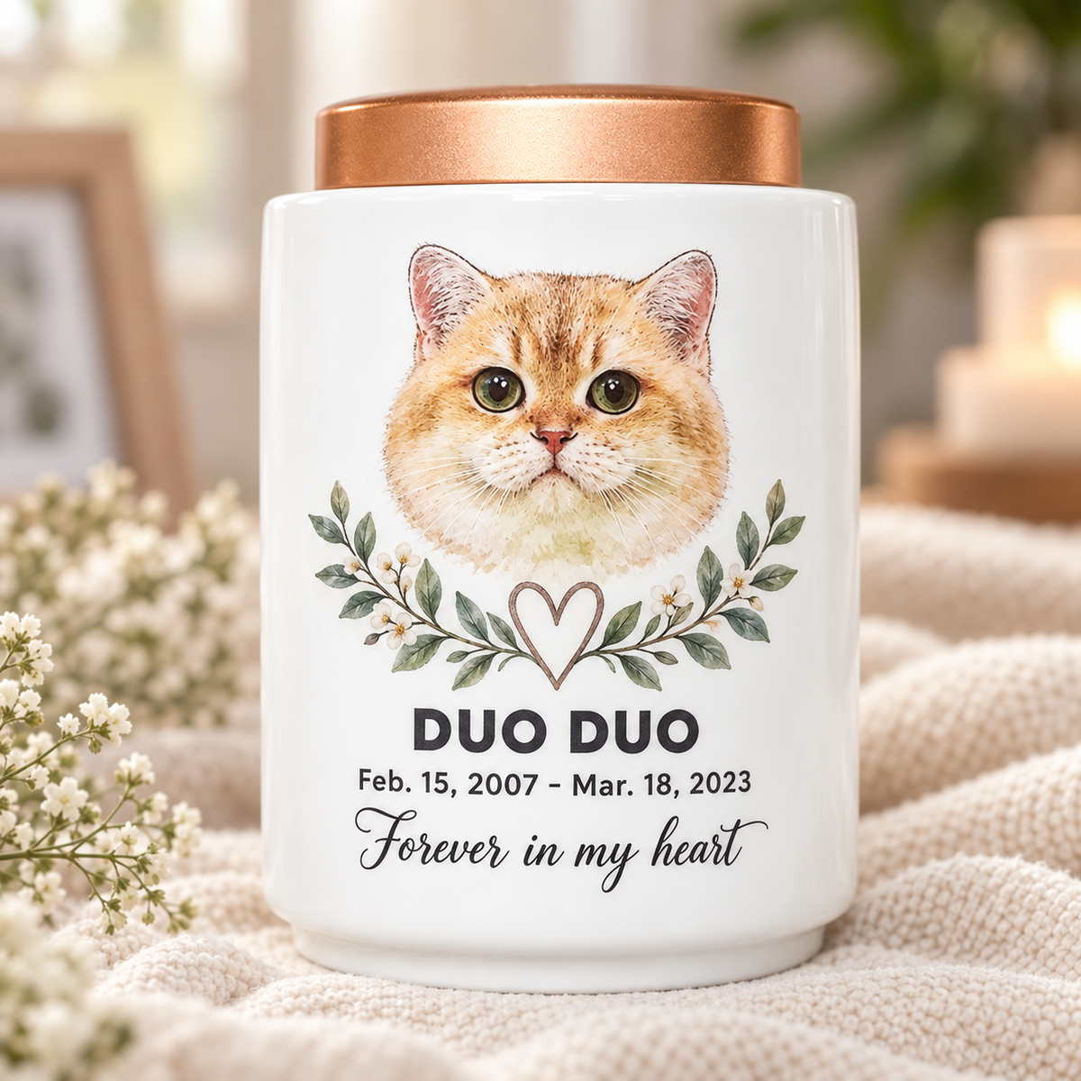 Close-up of a personalized ceramic pet urn with metal lid