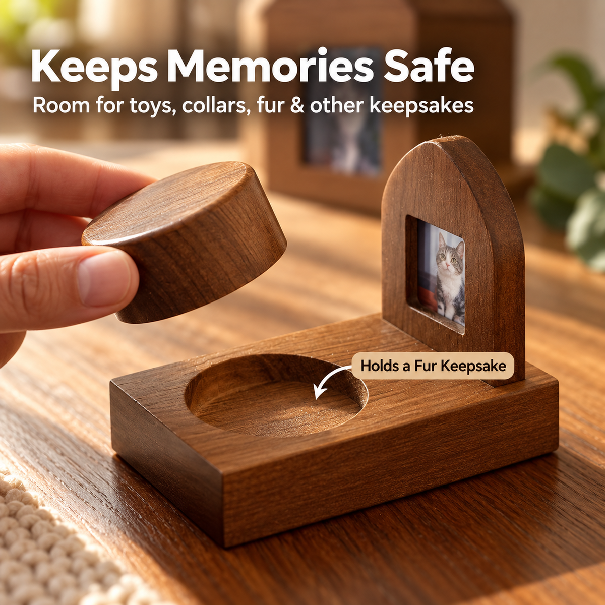 Fur keepsake compartment inside a solid wood pet memorial box
