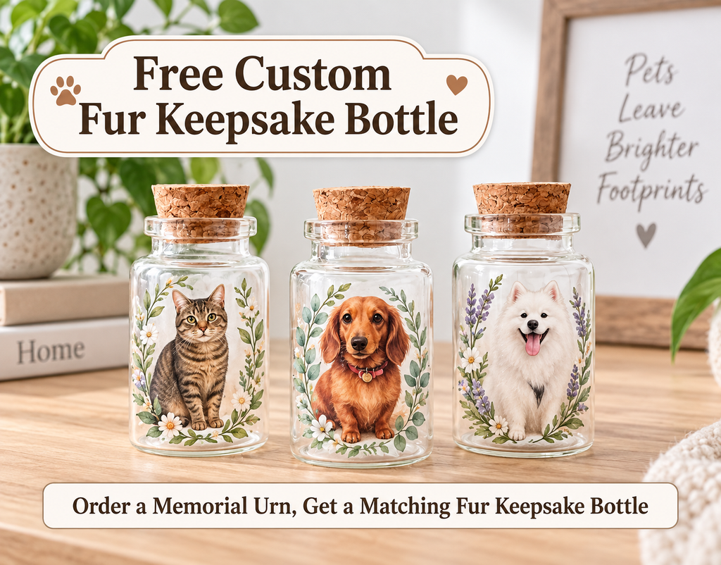 Custom fur keepsake bottle included with a ceramic pet urn