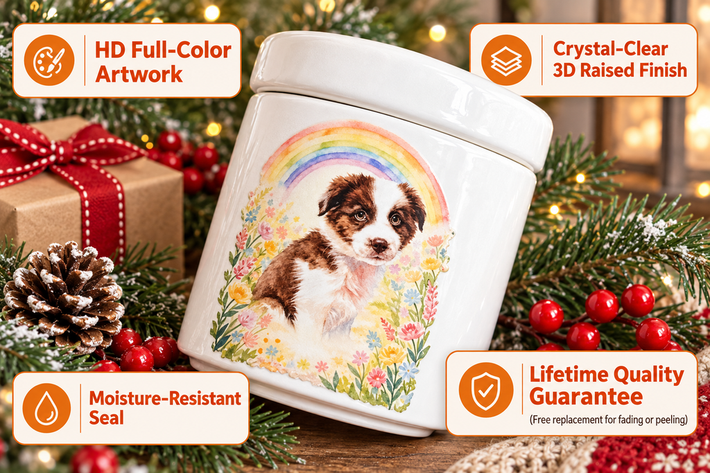 Ceramic pet urn with custom artwork and moisture-resistant sealed lid