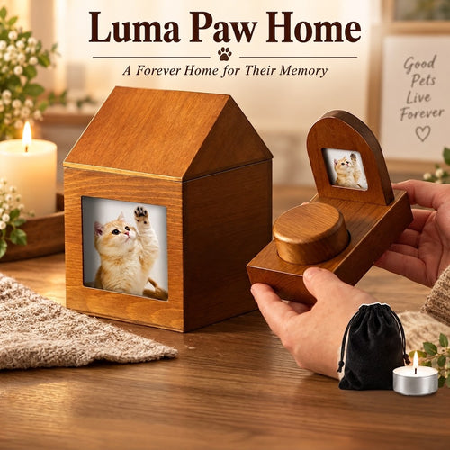 Personalized solid wood pet memorial keepsake box in a warm home setting