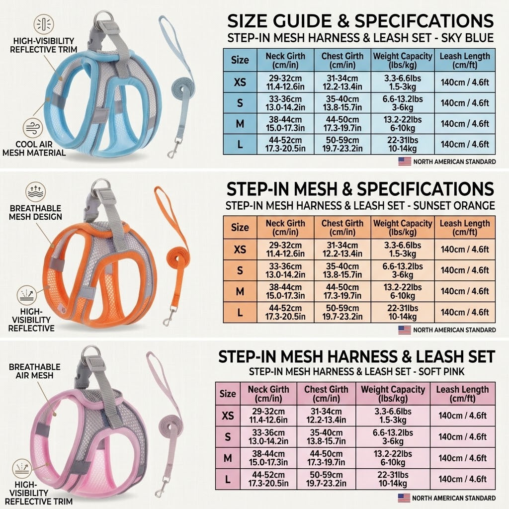 Cat harness and leash size guide with color options