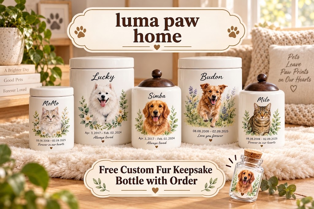 Personalized ceramic pet memorial urn collection for cats and dogs