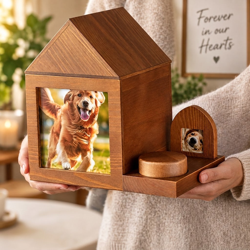 Personalized wooden pet memorial box with custom photo display
