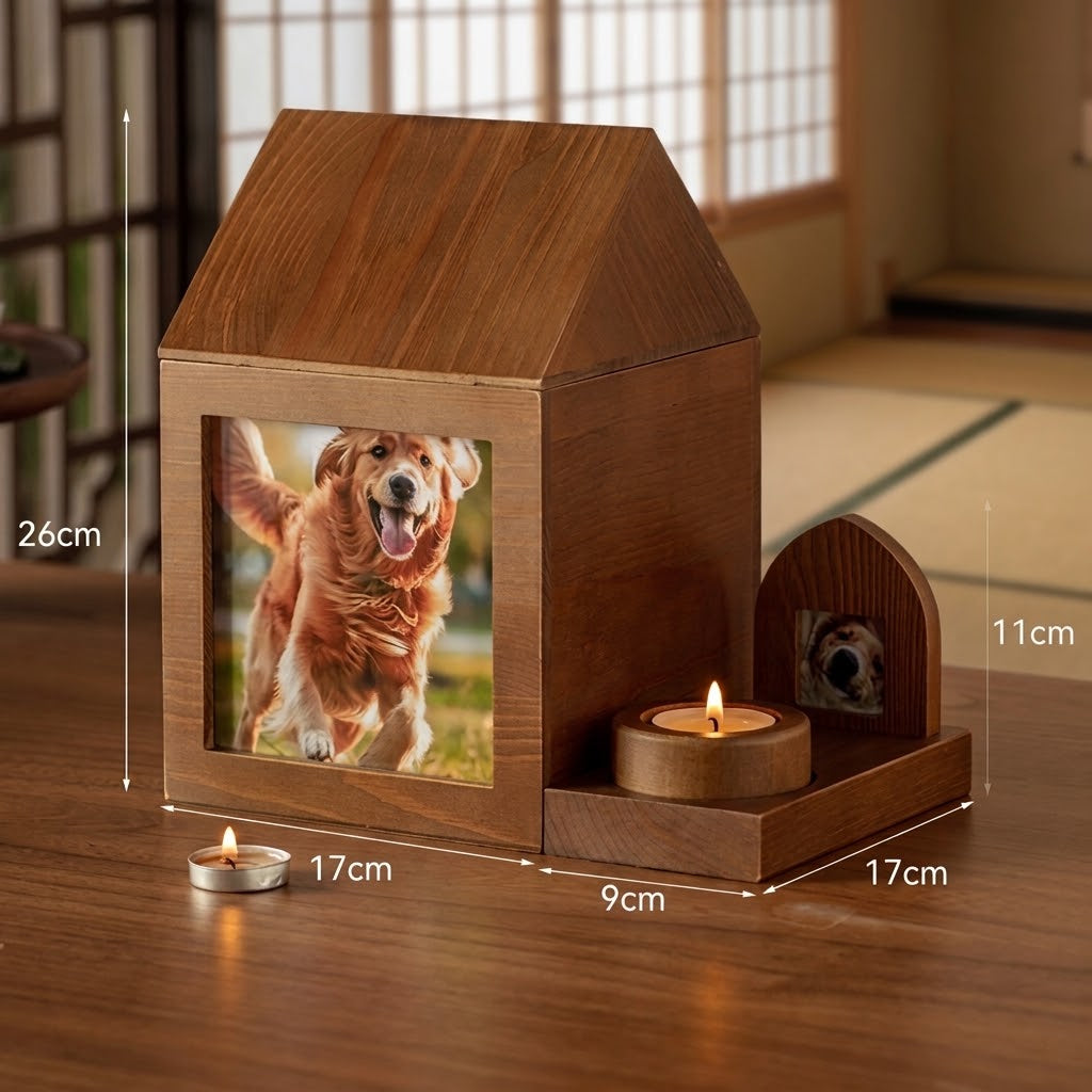 Large personalized solid wood pet memorial keepsake box dimensional guide, approximately 26 cm high with an 11 cm remembrance display