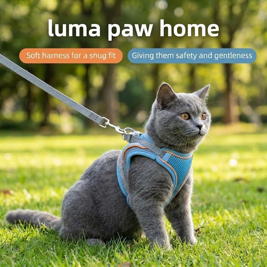Cat wearing a comfortable blue step-in harness outdoors