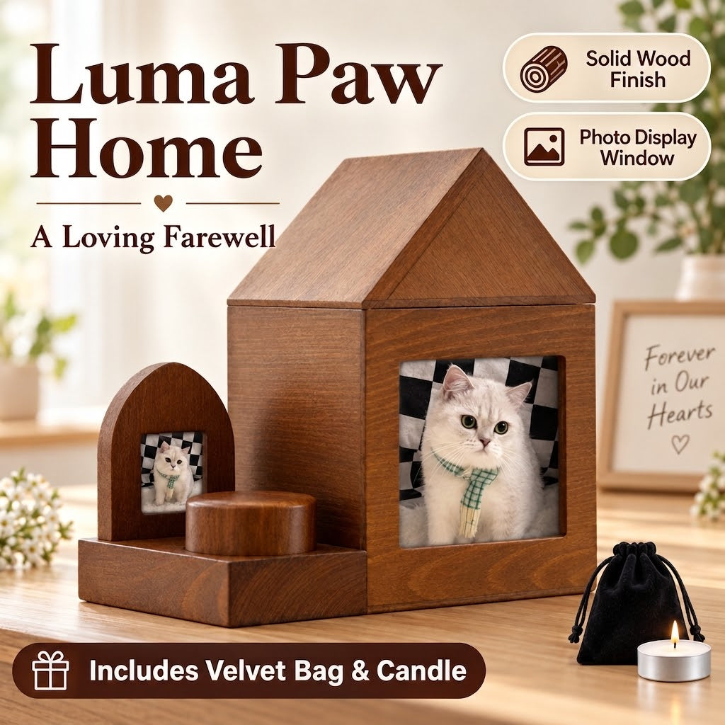 Solid wood pet memorial keepsake box with photo window and keepsakes