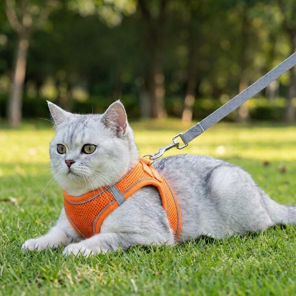 Cat wearing a breathable orange step-in harness outdoors