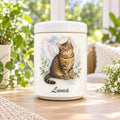 Personalized ceramic pet memorial urn with custom cat portrait